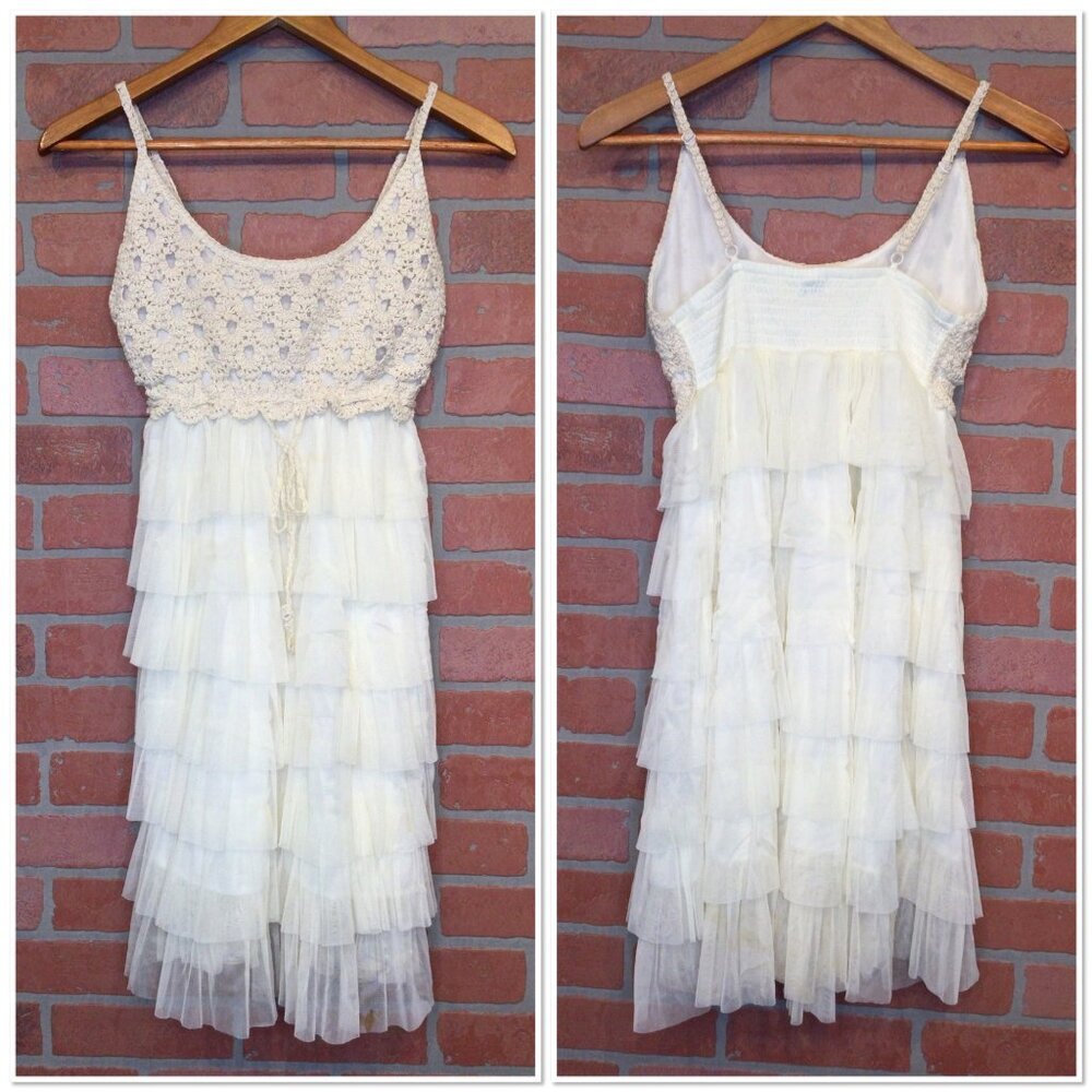 Crochet Babydoll Mesh Tiered Ruffle Dress Size M Angel Fairy Whimsical Coquette